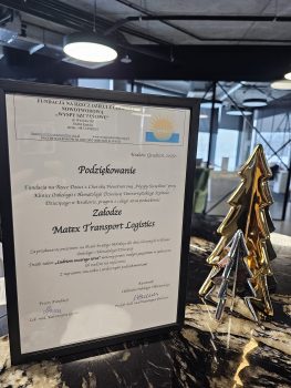 Acknowledgement for Matex Transport Logistics from Wyspy Szczęśliwe Foundation for Christmas gifts for children from Oncology Clinic in Krakow